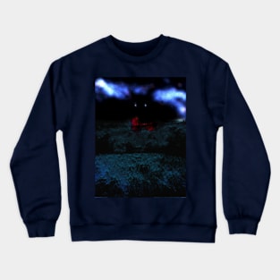 Digital collage and special processing. I am standing in field, and big, dark monster looking on me. Aquamarine, blue and red. Crewneck Sweatshirt